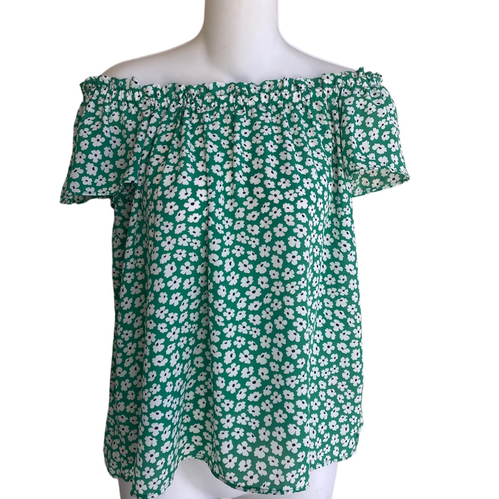 Philosophy Republic Clothing Top Blouse Green White Floral Off Shoulder Xs Nwt